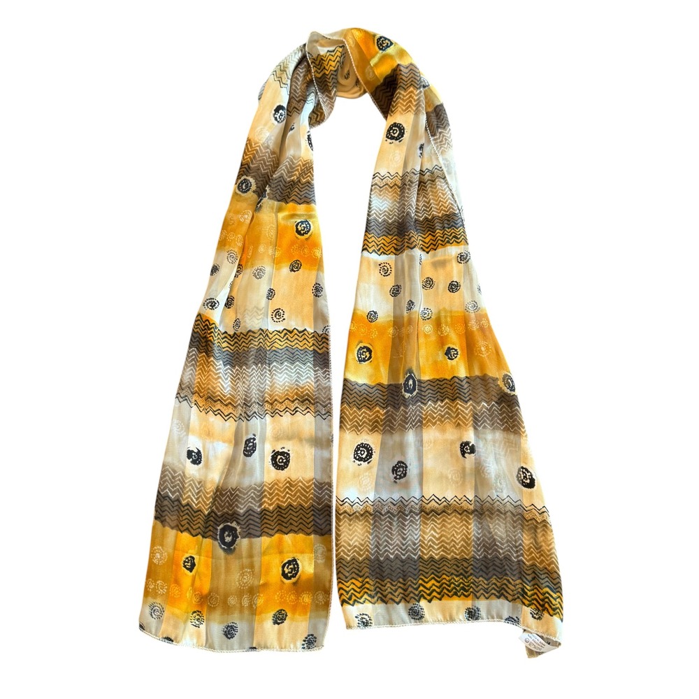 Vintage Style Sheer Geometric Scarf Yellow Brown Chevron Abstract Print Korea